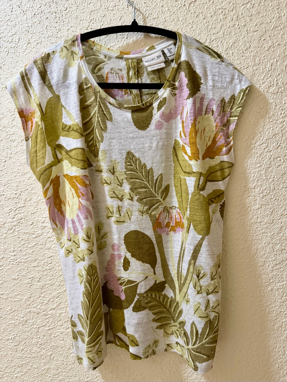 Rachel Zoe Olive & Pink Floral Linen Knit Sleeveless Tank Top Size L